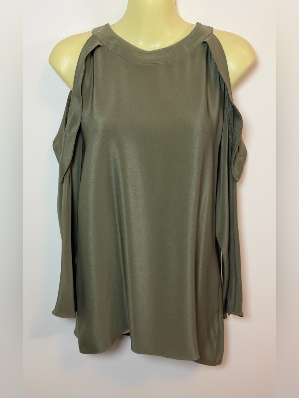 Ramy Brook 100% Silk Cold-Shoulder Blouse - Olive Green